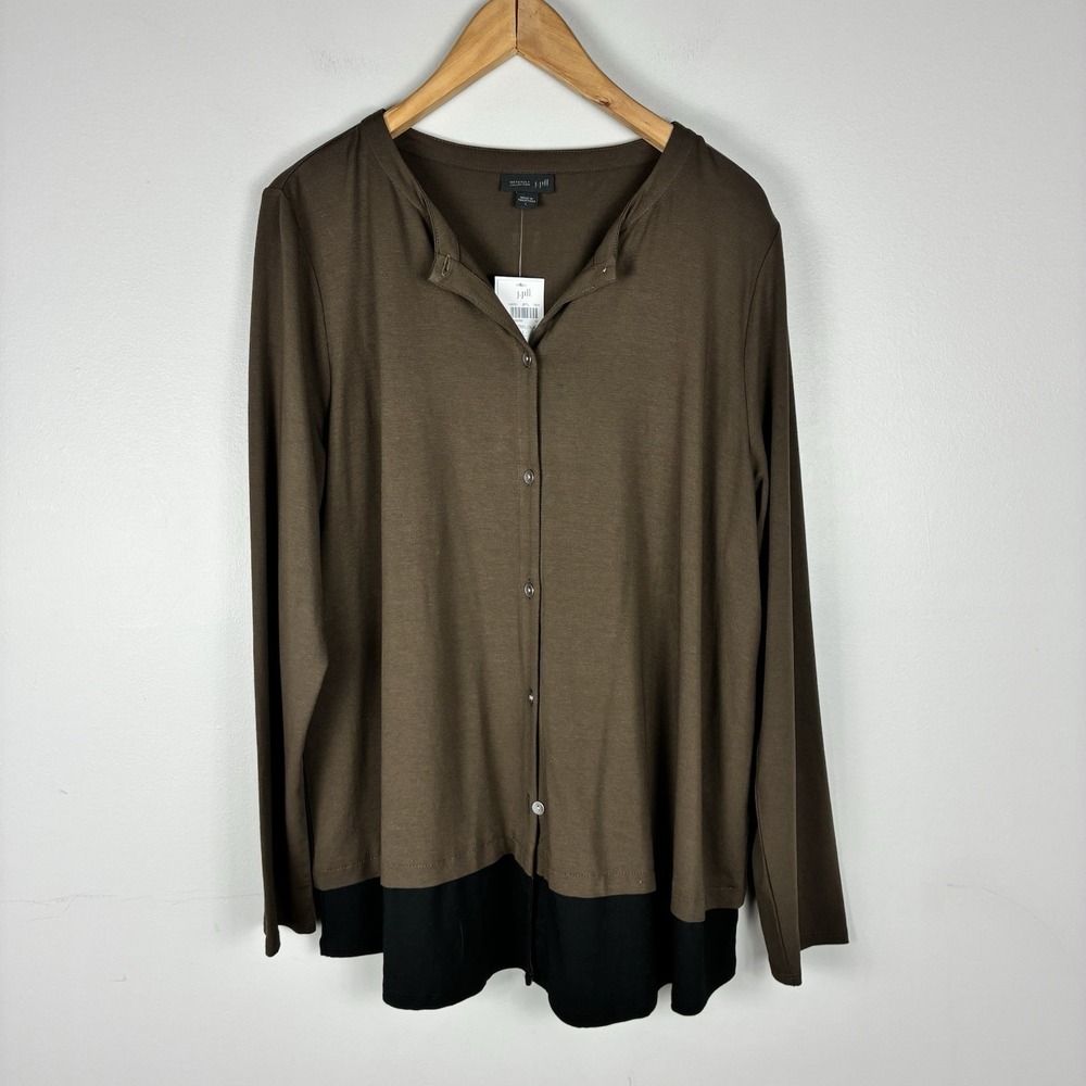 J Jill Wearever Collection Womens Button Up Cardigan Top Brown Black Sz L NWT